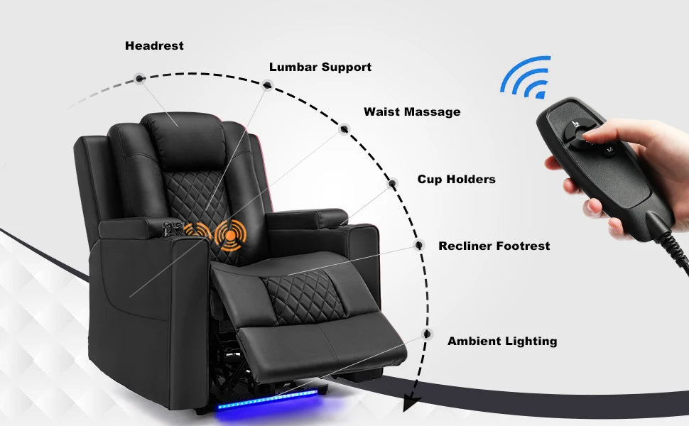Comhoma Power Recliner Chair Pu Leather Electric Massage Recliner Sofawith Cup Holders and Led Lighting