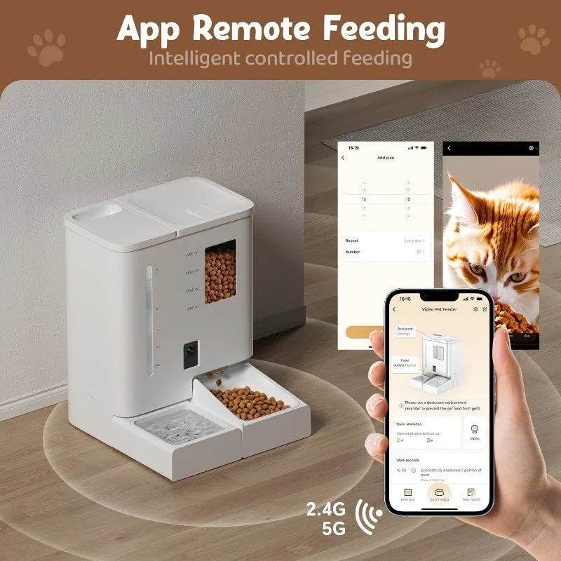Cat Feeder with Camera,5G/2.4G WiFi Pet Feeder,2K HD Video and Night Vision,Easy APP Operation,Low Food and Food Clogg