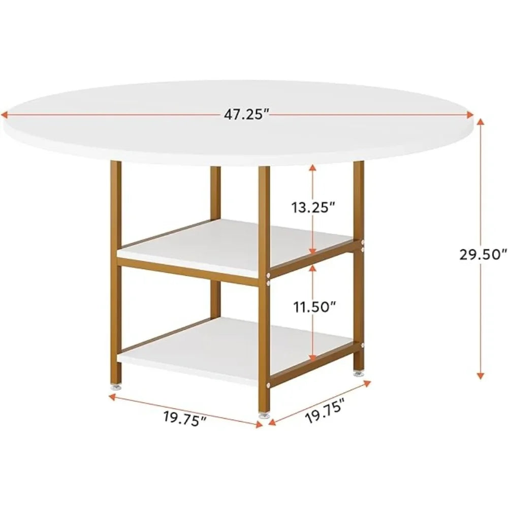 47 Inches Dining Table Kitchen Tables for Dining Room, 4 People Round Dinner Table with Storage Shelves for Room, (Only Table)