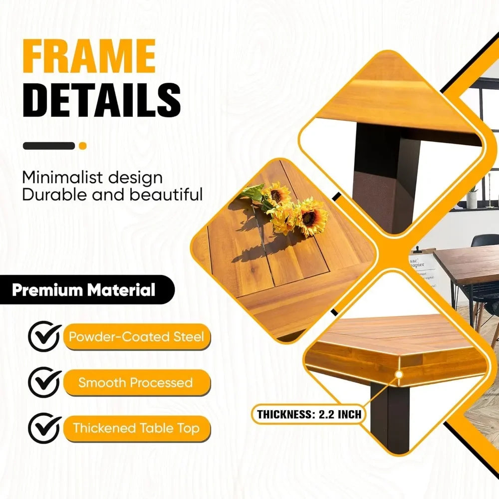 Dining Table for 6 Acacia Wood Indoor Outdoor Home Kitchen Table with Iron Legs Large Rectangular Patio Table for