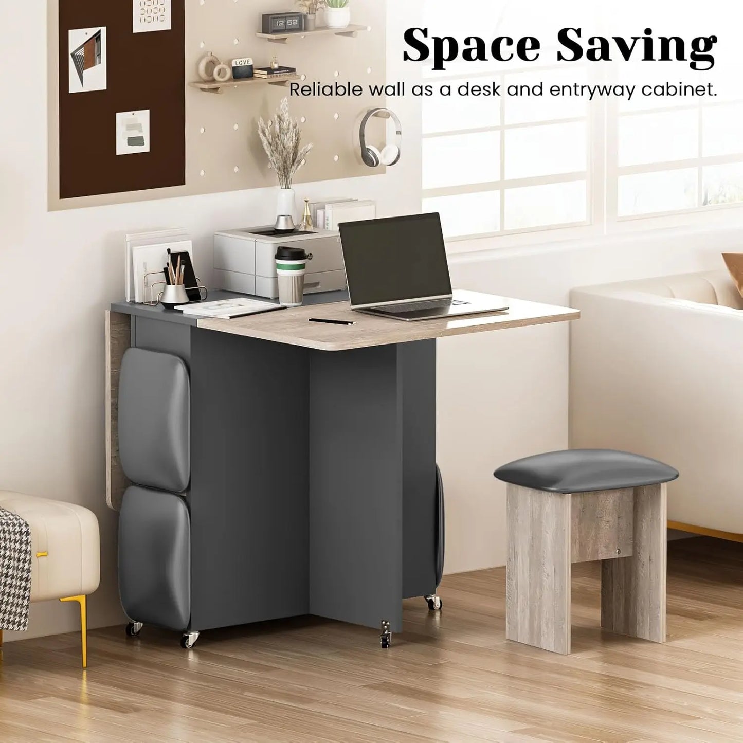 Folding Dining Table Set for 4, Dinner Table with 4 Leather Chairs and Shelves, Space Saving Foldable Dining Table with 6 Wheels