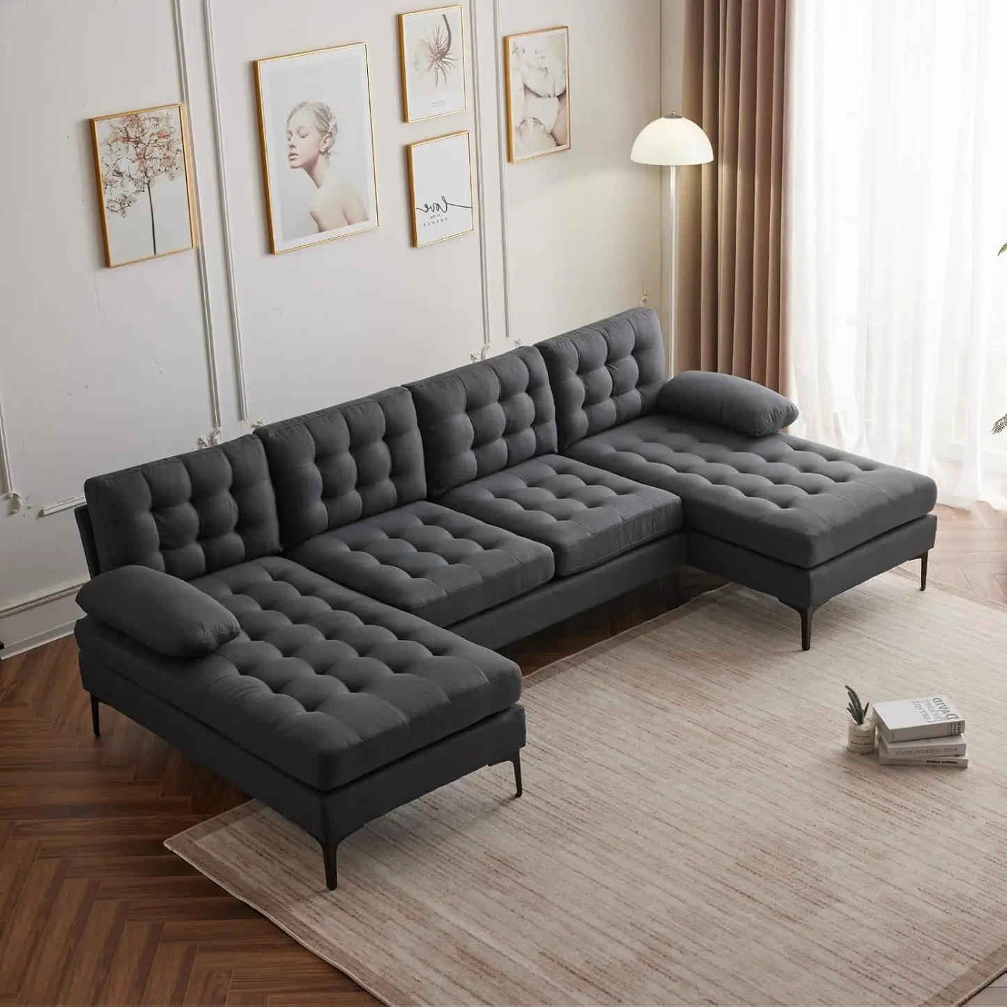 Sectional Sofa 110"U-Shape Sofa Couch Linen Fabric Upholstered Sectional Sofa with Double Chaises & Metal Legs,Lattice Decorated