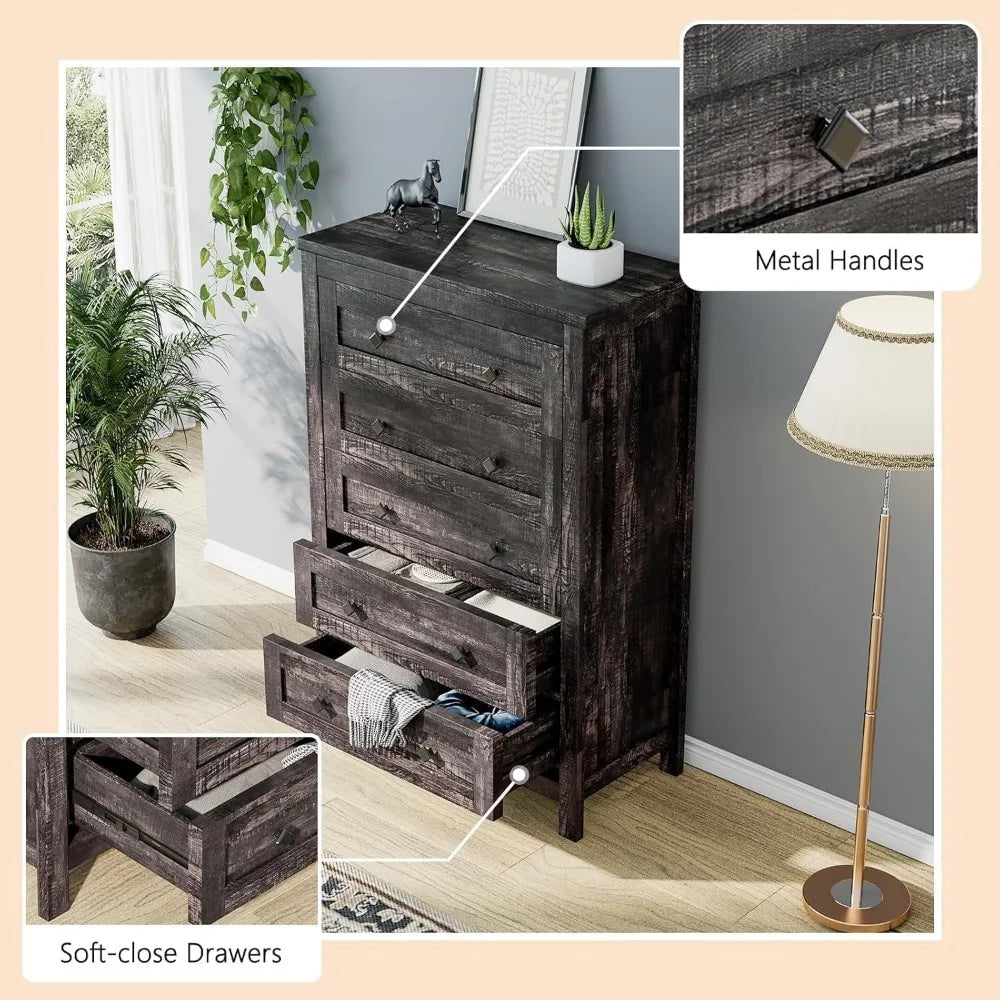 Farmhouse Bedroom Furniture 4 Pieces, 1 X Wood Rustic 6 Drawer Storage Dresser, 1 X 5 Drawer Dresser, Nightstand Set of 2 with C