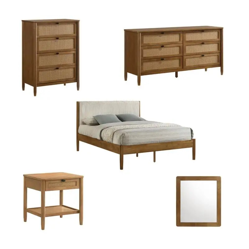 5-Piece Rubberwood Bedroom Set with Upholstered Queen Bed, Dresser, Mirror, Nightstand, and Chest