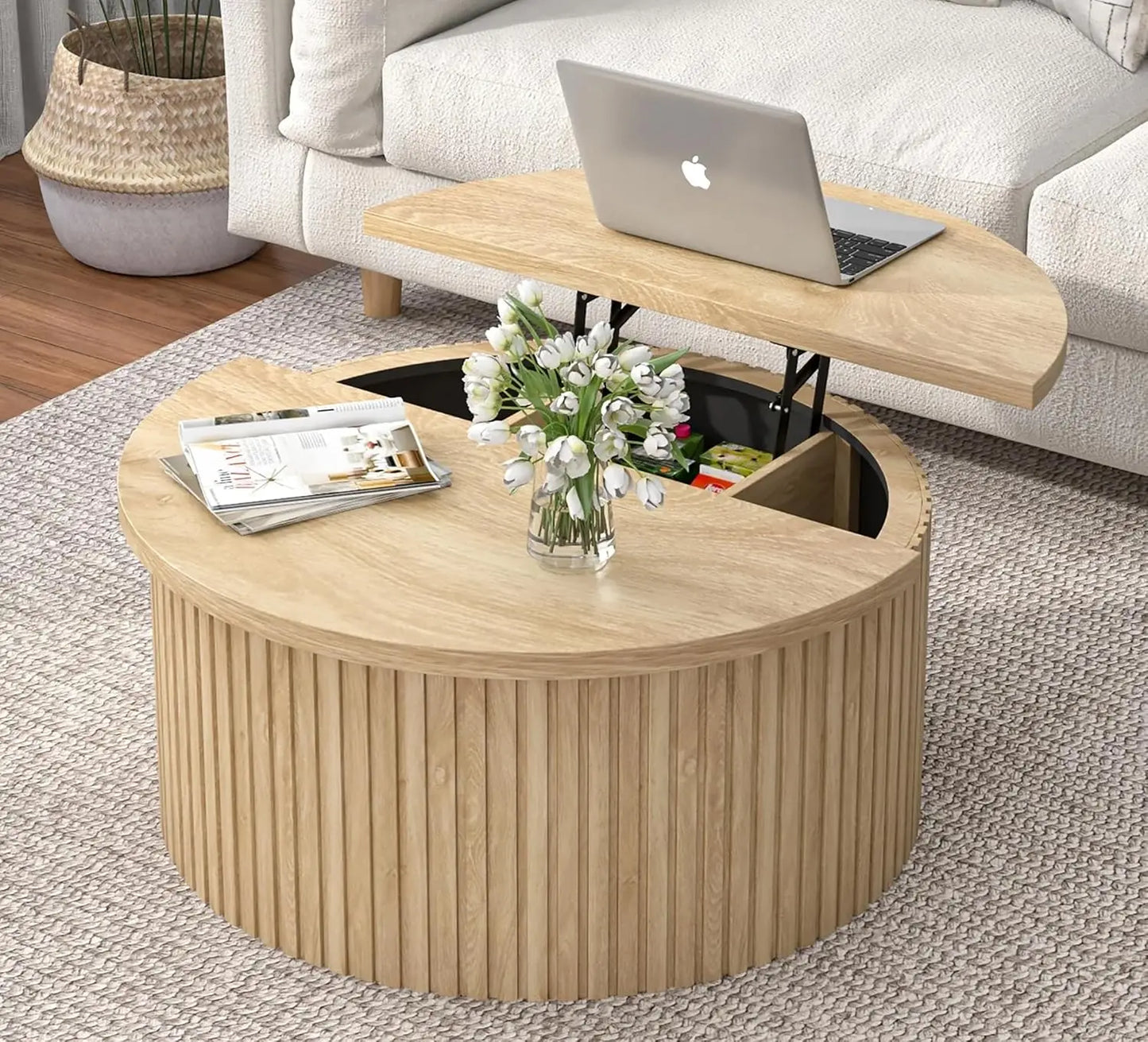 Round Fluted Lift Top Coffee Table with Storage, 34.6'' Farmhouse Round Coffee Tables (Wood Color)