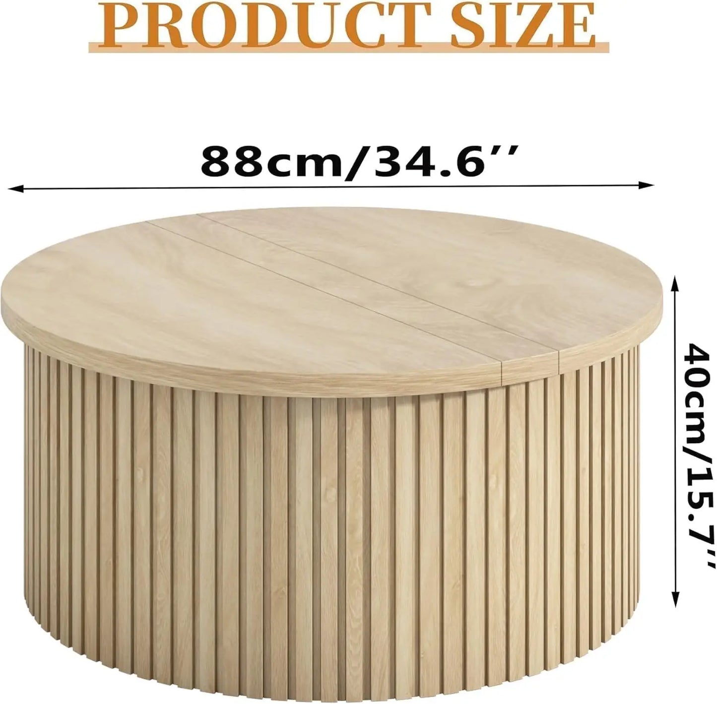 Round Fluted Lift Top Coffee Table with Storage, 34.6'' Farmhouse Round Coffee Tables (Wood Color)