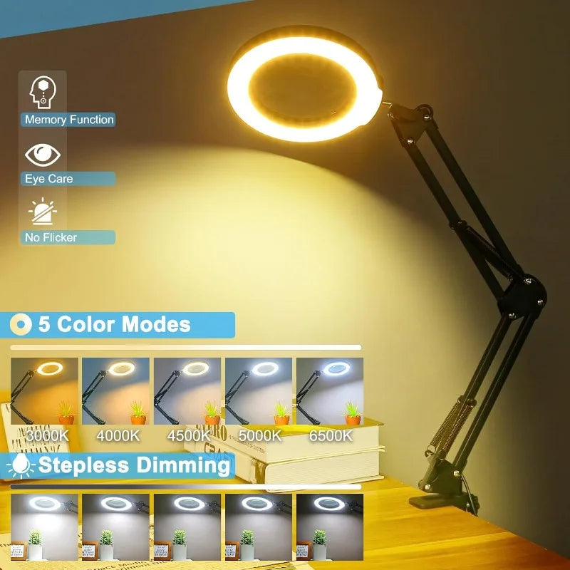 10X Magnifying Glass with Light and Clamp, Real Glass Stand Lighted Magnifier, 5 Color Modes Stepless Dimmable LED Desk Lamp Han