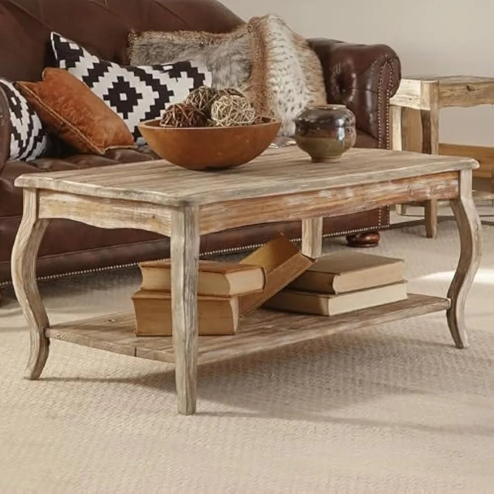Austerity Reclaimed Wood Coffee Table with Open Shelf, Driftwood Natural Finish, Accent & Occasional Furniture for Living Room,