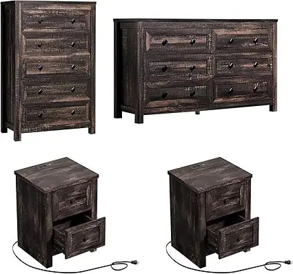 Farmhouse Bedroom Furniture 4 Pieces, 1 X Wood Rustic 6 Drawer Storage Dresser, 1 X 5 Drawer Dresser, Nightstand Set of 2 with C