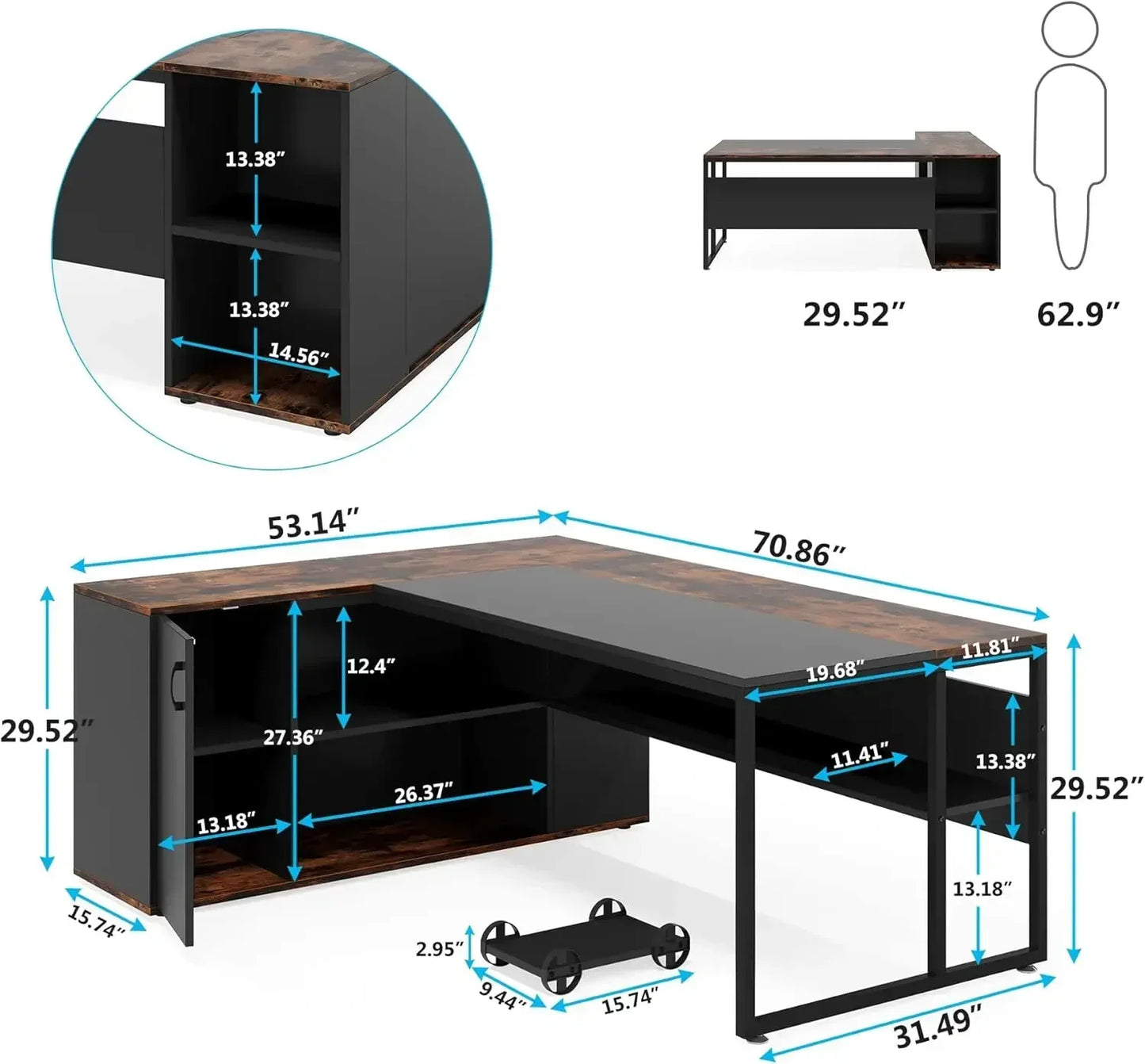 Executive Desk with Cabinet Storage, 71 inch L Shaped Desk, Executive Office Desk with Shelves, Business Brown and Black