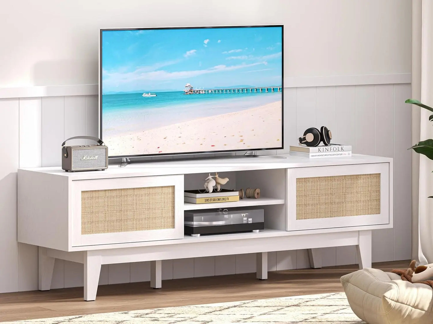 Boho TV Stand for 55 65 Inch TV, Rattan Entertainment Center with Shelves, Cabinets and Sliding Doors, TV Media Console Table
