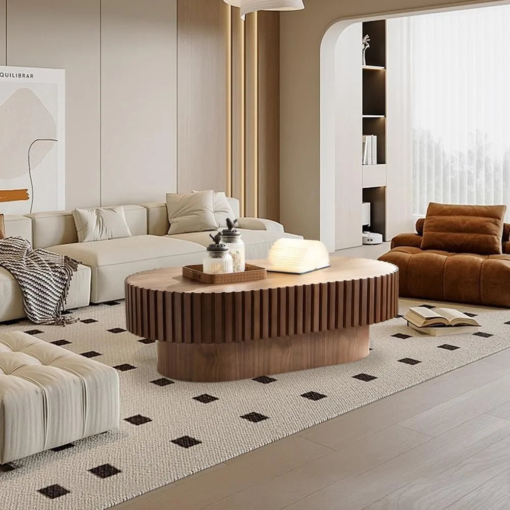 Oval Coffee Table, Coffee Table for Living Room, Modern Handcraft Solid Wood Drum Coffee Table with Sturdy Pedestal Shaped Tea T