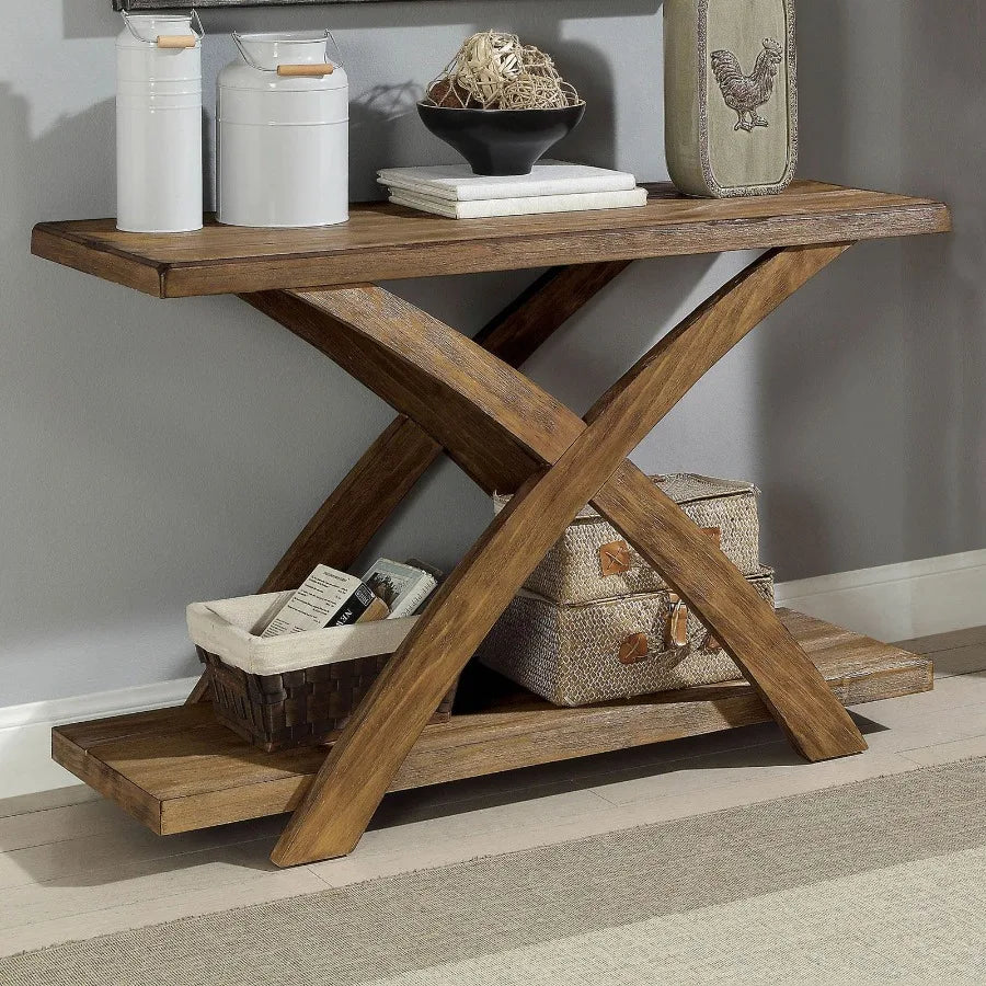 Transitional 1pc Sofa Table Occasional Tables Plank Style Top Antique Light Oak Open Bm Shelf