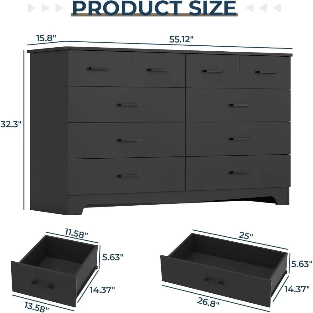 Black Dresser for Bedroom with 10 Drawers, Large Chest of Drawers Storage Organizer, Long Dresser TV Stand with Power Outlets