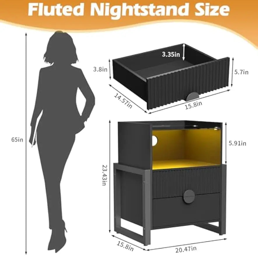 Fluted Nightstand with Strip Lights and Charging Station 24'' End Table with Charging Station Modern with 2 Drawers LED
