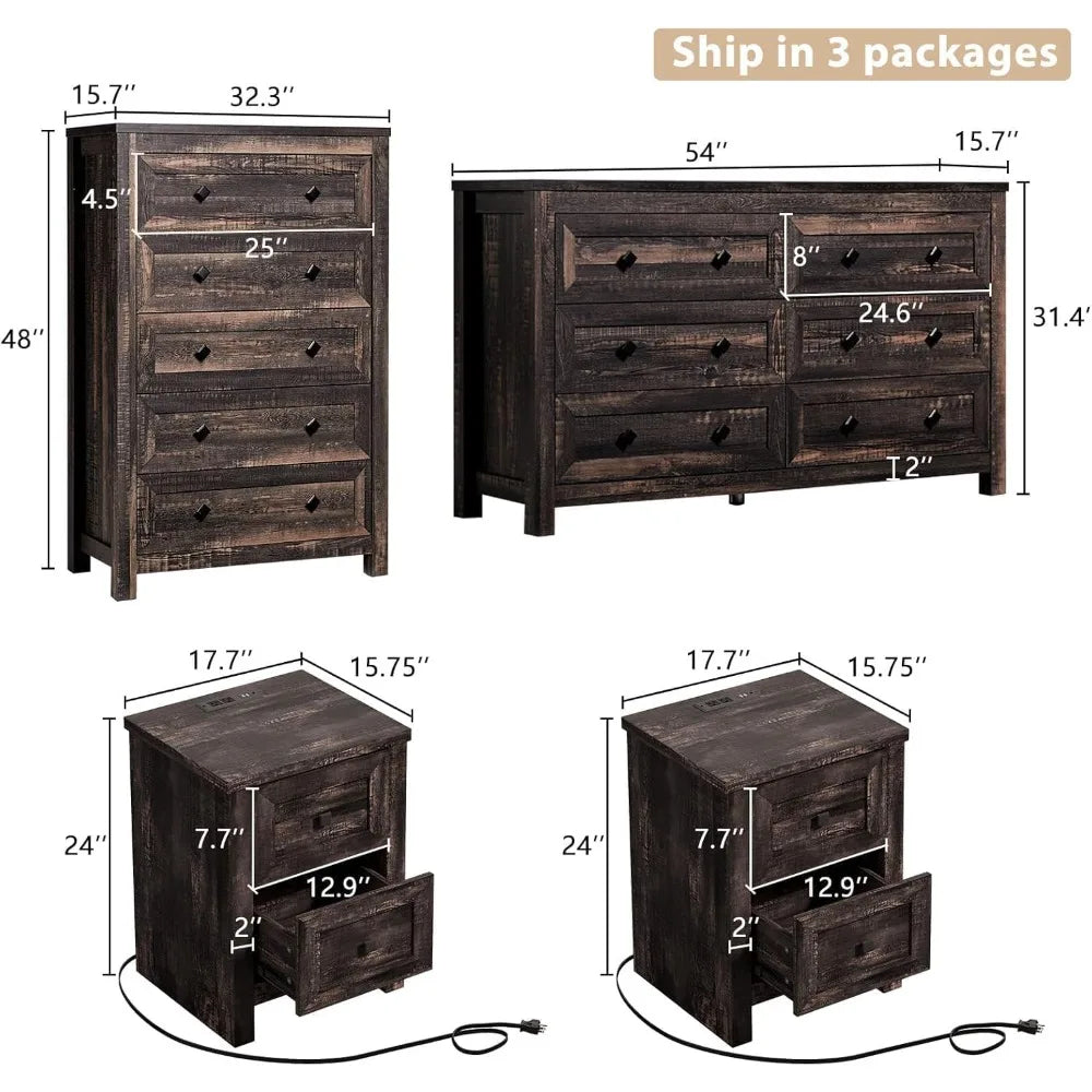 Farmhouse Bedroom Furniture 4 Pieces, 1 X Wood Rustic 6 Drawer Storage Dresser, 1 X 5 Drawer Dresser, Nightstand Set of 2 with C