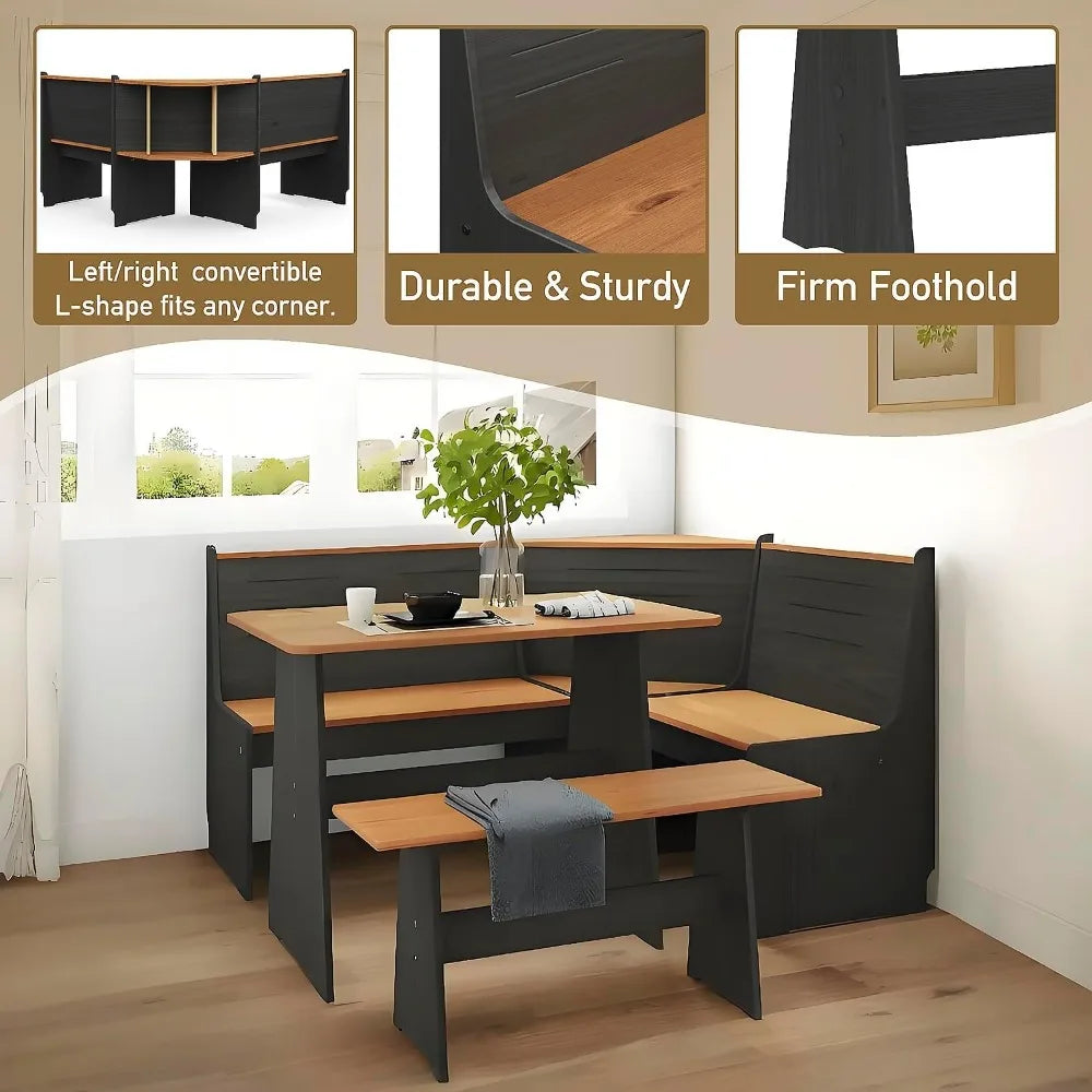 Breakfast Nook Corner Dining Table Kitchen Bench Chair Set, Space-Saving 3-5 People Seat Reversible L-Shape for Family Home Blac