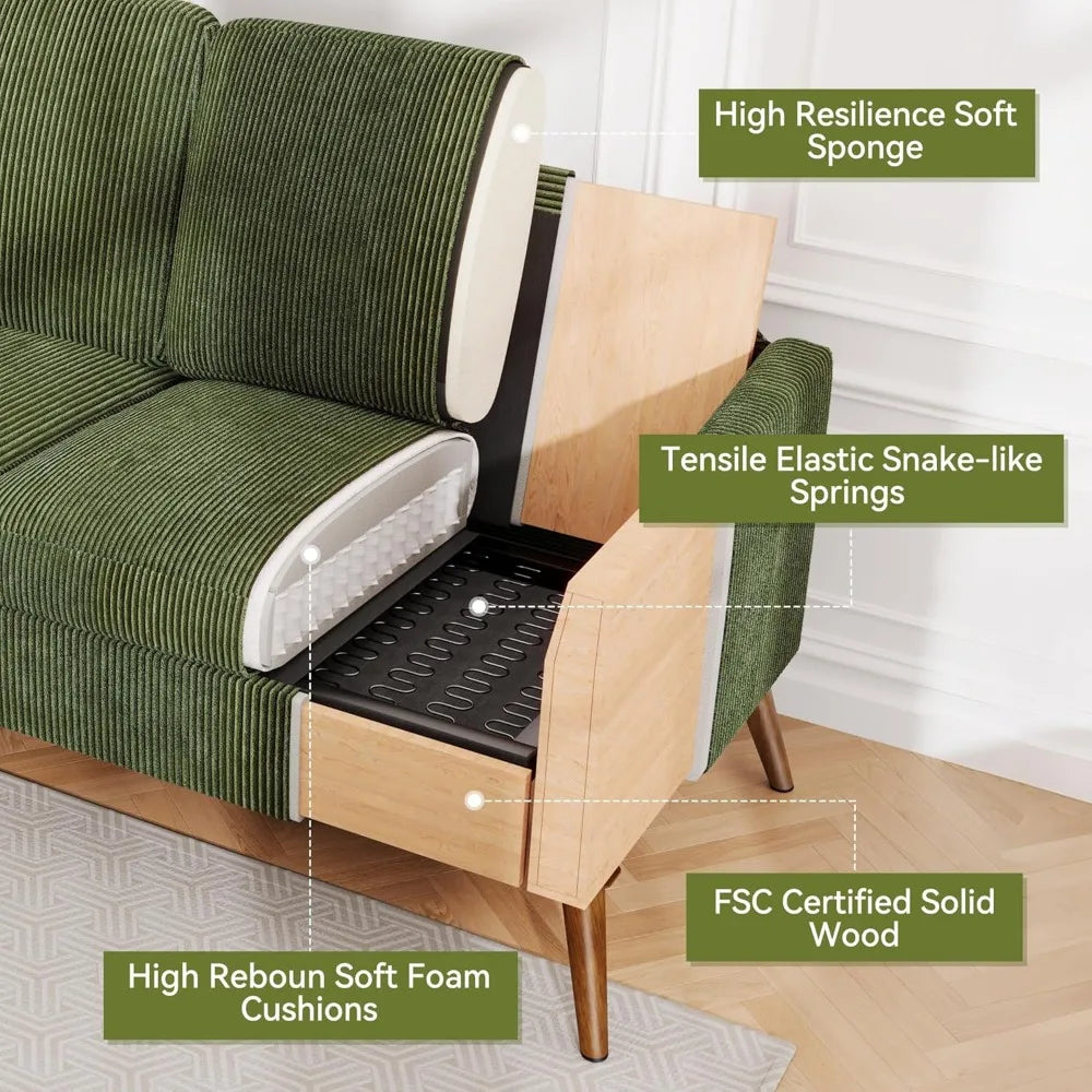 68" Loveseat Sofa, Comfy Green Corduroy Couches for Living Room, Mid Century Modern Love Seat Sofa, Tool-Free Setup Small Couche