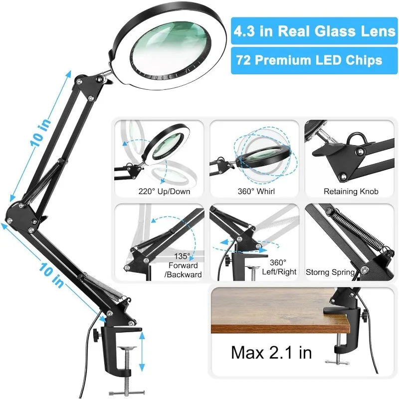 10X Magnifying Glass with Light and Clamp, Real Glass Stand Lighted Magnifier, 5 Color Modes Stepless Dimmable LED Desk Lamp Han