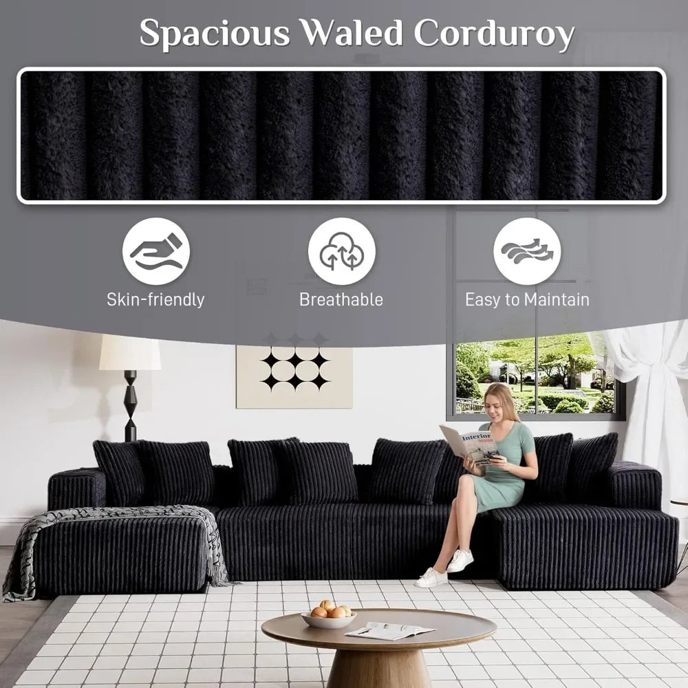 131" Modular Sectional Couch, Luxury Black Sectional Couches for Living Room,Corduroy Couch Sectional Sofa with Chaise Lounge
