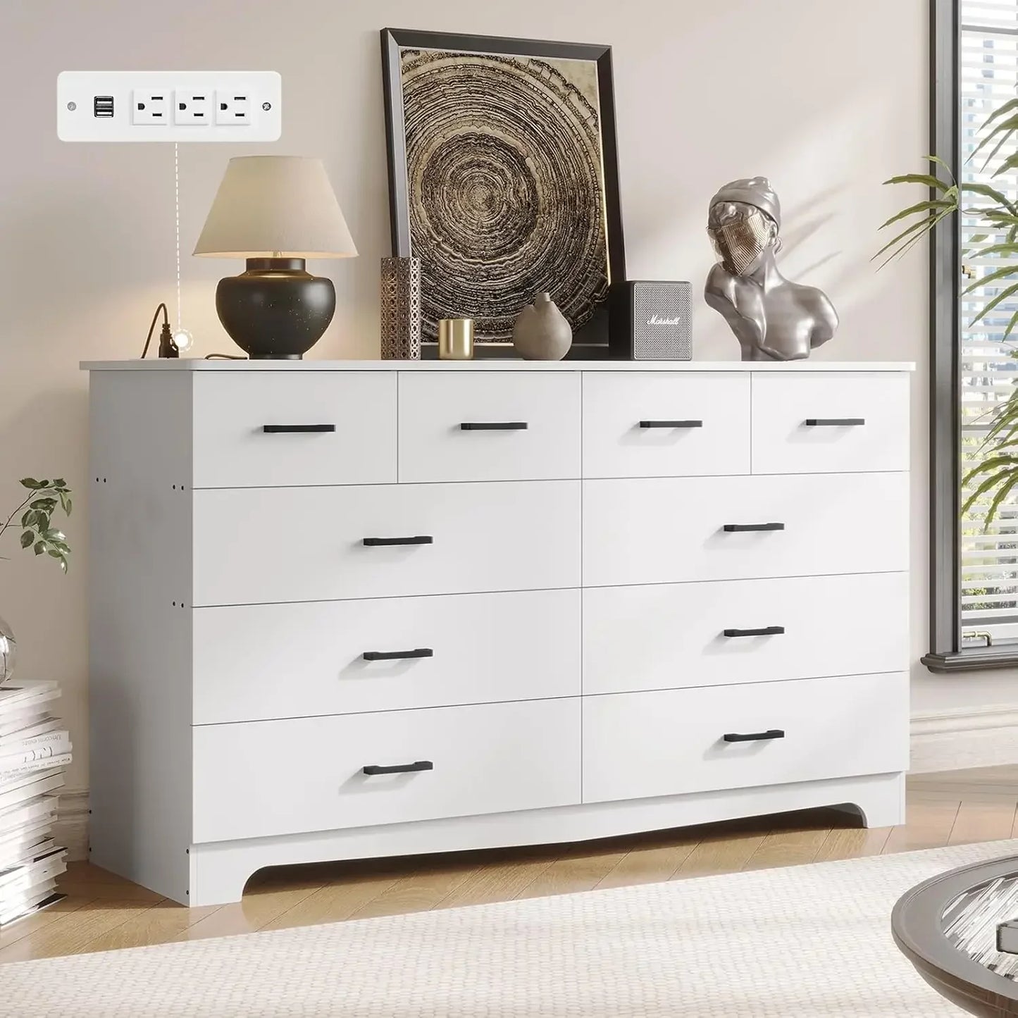 Black Dresser for Bedroom with 10 Drawers, Large Chest of Drawers Storage Organizer, Long Dresser TV Stand with Power Outlets