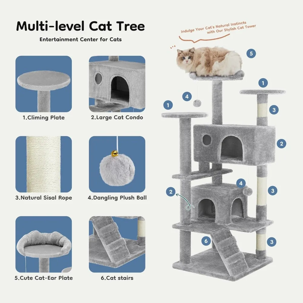 DUMOS 54-inch Indoor Cat Tree Tower –Multi-Level Pet House for Large Cats with 2 Condos, Scratching Posts, Round Platform, Small