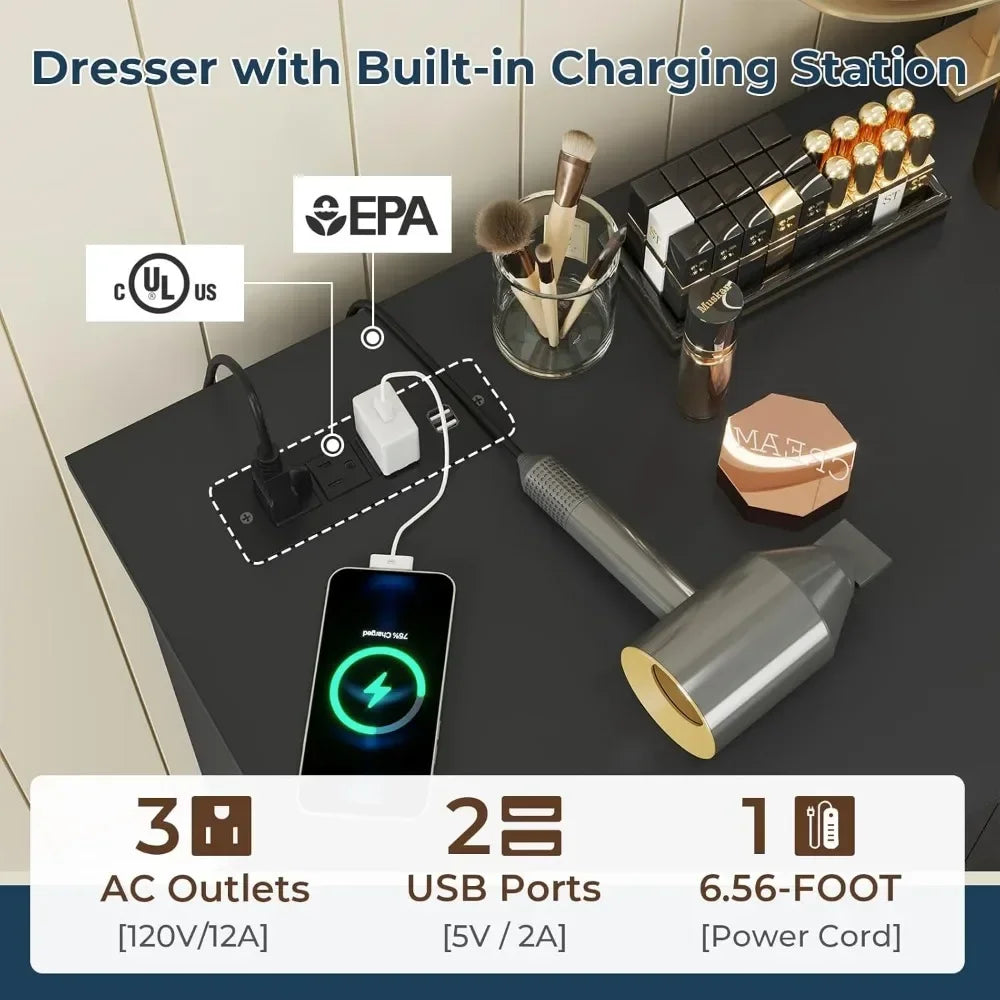 Black Dresser for Bedroom with 10 Drawers, Large Chest of Drawers Storage Organizer, Long Dresser TV Stand with Power Outlets