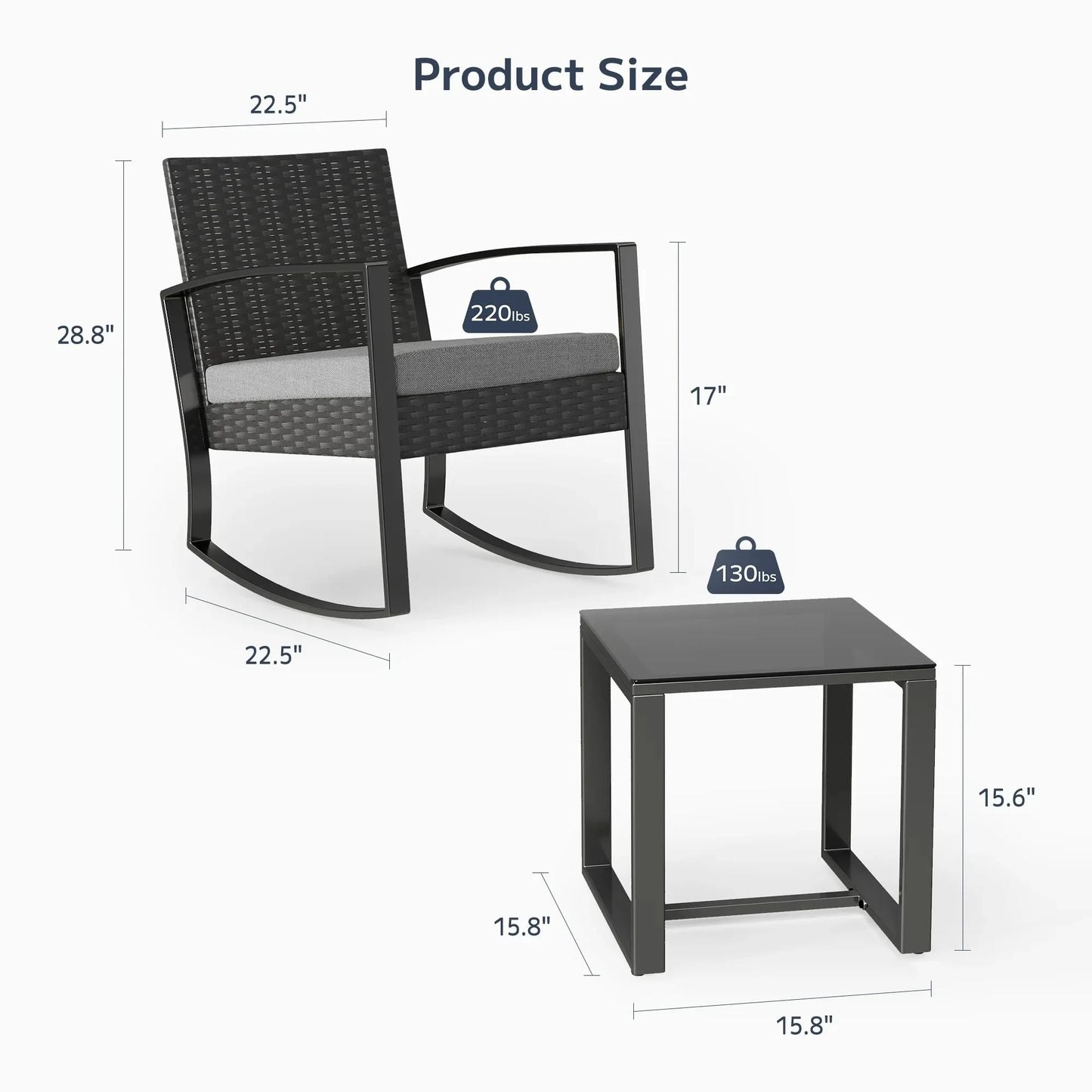 3-Piece Patio Furniture Set, Rocking Wicker Chair with Soft Cushion and Coffee Table, for Garden, Balcony, Backyard, Gray