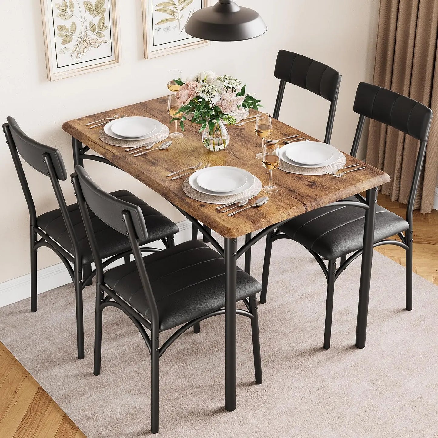 Dining Table Set for 4, Kitchen Table with 4 Upholstered Chairs, 5 Piece Dining Room Table Set, Rectangular Kitchen Set