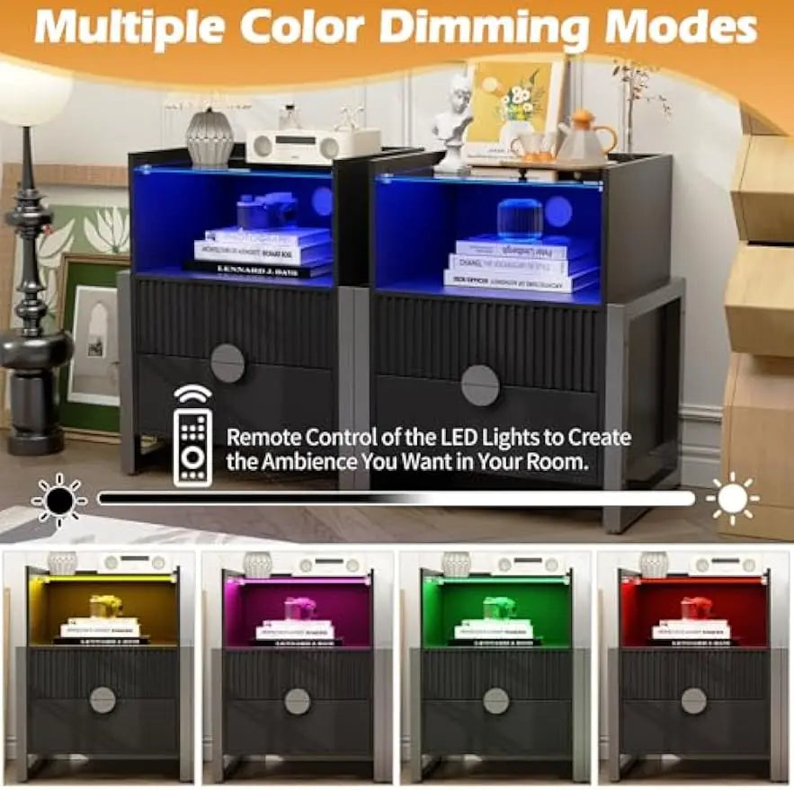 Fluted Nightstand with Strip Lights and Charging Station 24'' End Table with Charging Station Modern with 2 Drawers LED