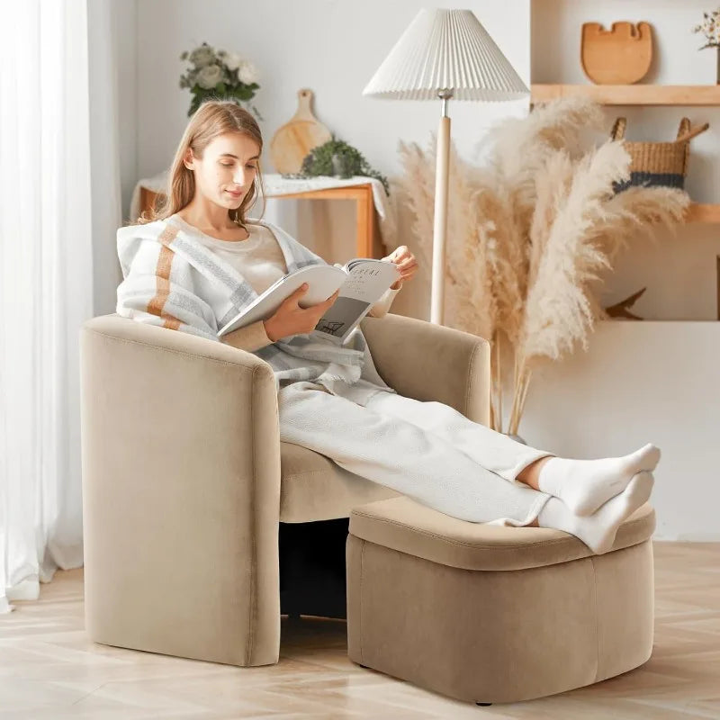 Upholstered Velvet Barrel Accent Chair with Storage Ottoman Set of 2 Morden Living Room Side Chair Single Sofa Armchair Khaki