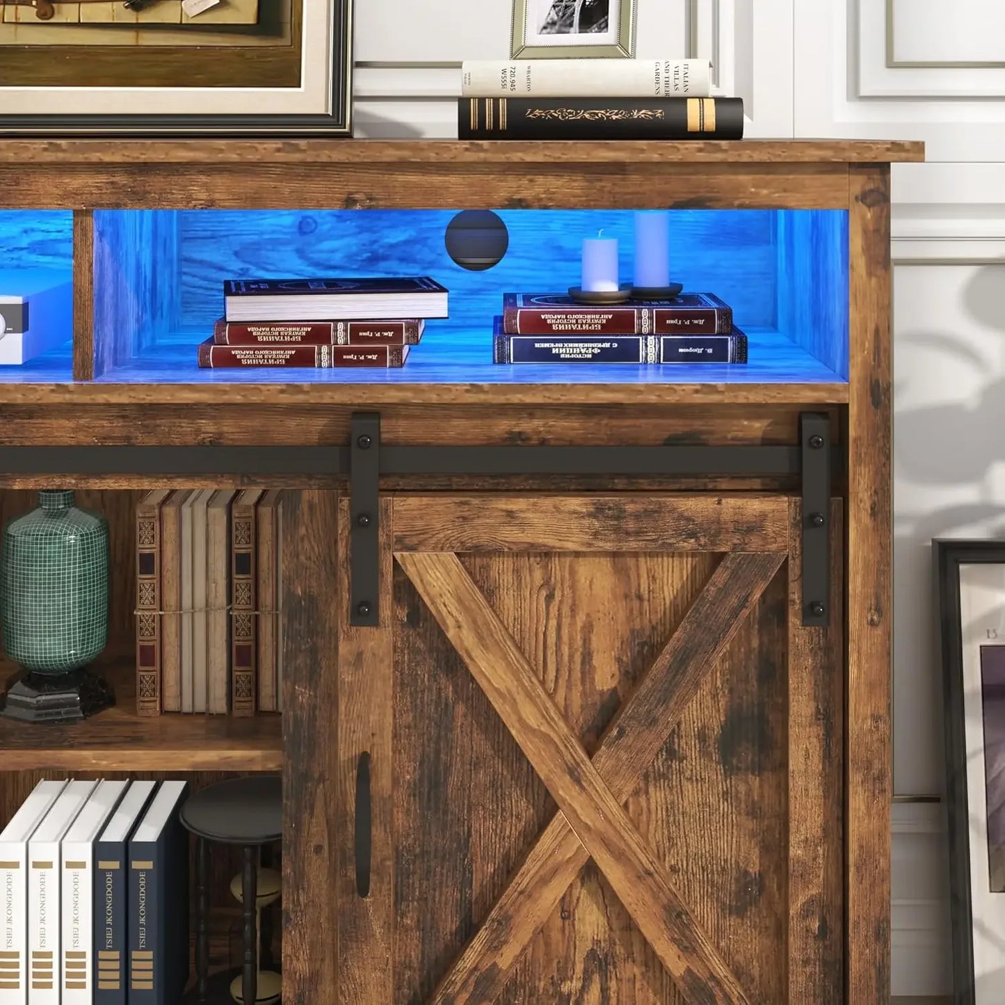 Farmhouse Stand for 90/85 Inch TVs, Rustic Entertainment Center Cabinet With Power Outlets, Brown