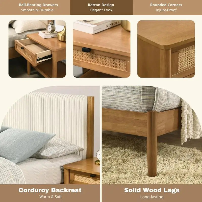 5-Piece Rubberwood Bedroom Set with Upholstered Queen Bed, Dresser, Mirror, Nightstand, and Chest