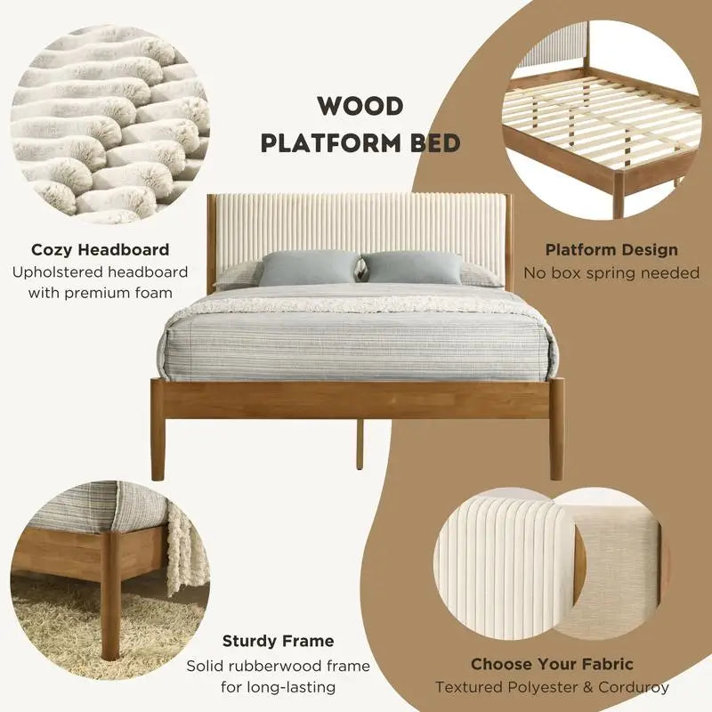 5-Piece Rubberwood Bedroom Set with Upholstered Queen Bed, Dresser, Mirror, Nightstand, and Chest