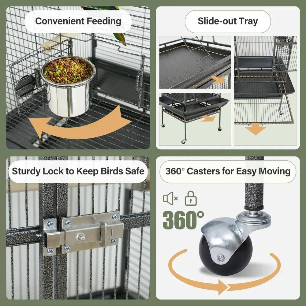 Playtop Parrot Cage, Wrought Iron Bird Cage with Rolling Stand, Heavy-Duty Pet Bird House