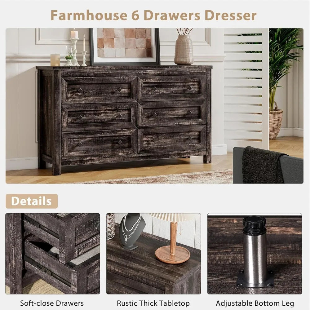 Farmhouse Bedroom Furniture 4 Pieces, 1 X Wood Rustic 6 Drawer Storage Dresser, 1 X 5 Drawer Dresser, Nightstand Set of 2 with C