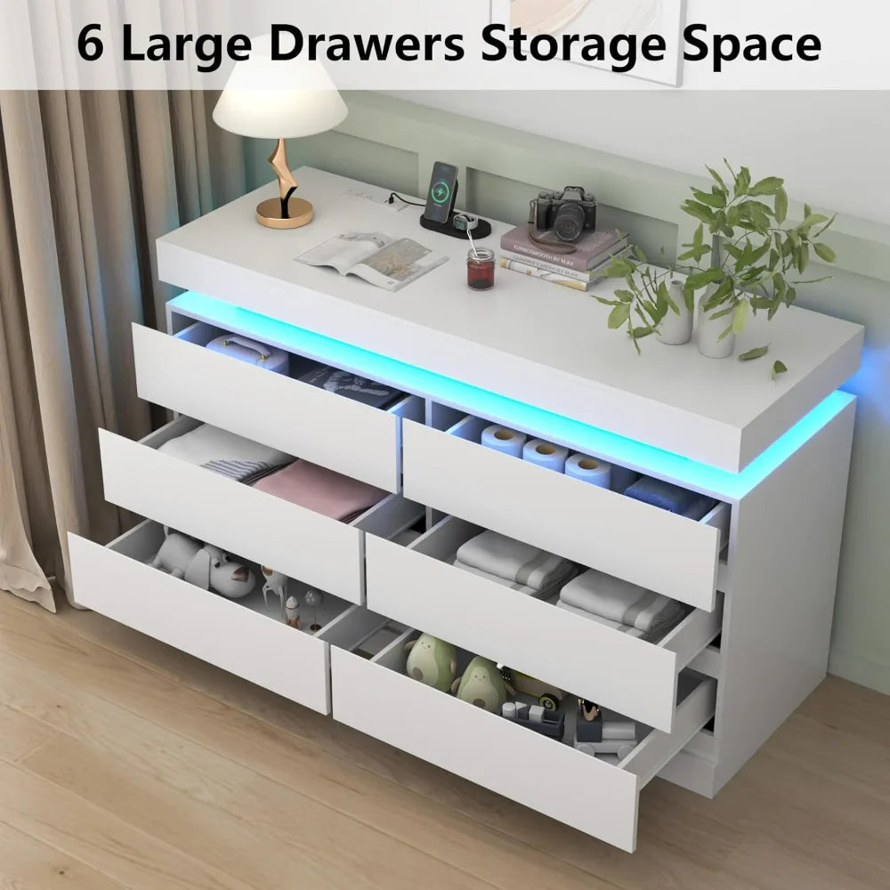6 Drawer Dresser with Power Outlet, Dresser with LED Light, Chest of Drawers for Closet, Double Wide Drawer Organizer Cabinet