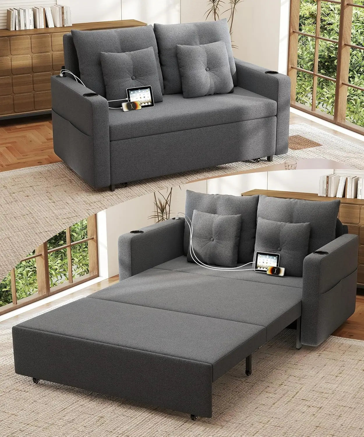 3 in 1 Sofa Bed, 56 Inch Convertible Pull Out Couch, Loveseat Sleeper Sofa with Cup Holders, USB, Sofa Couches for Living Room