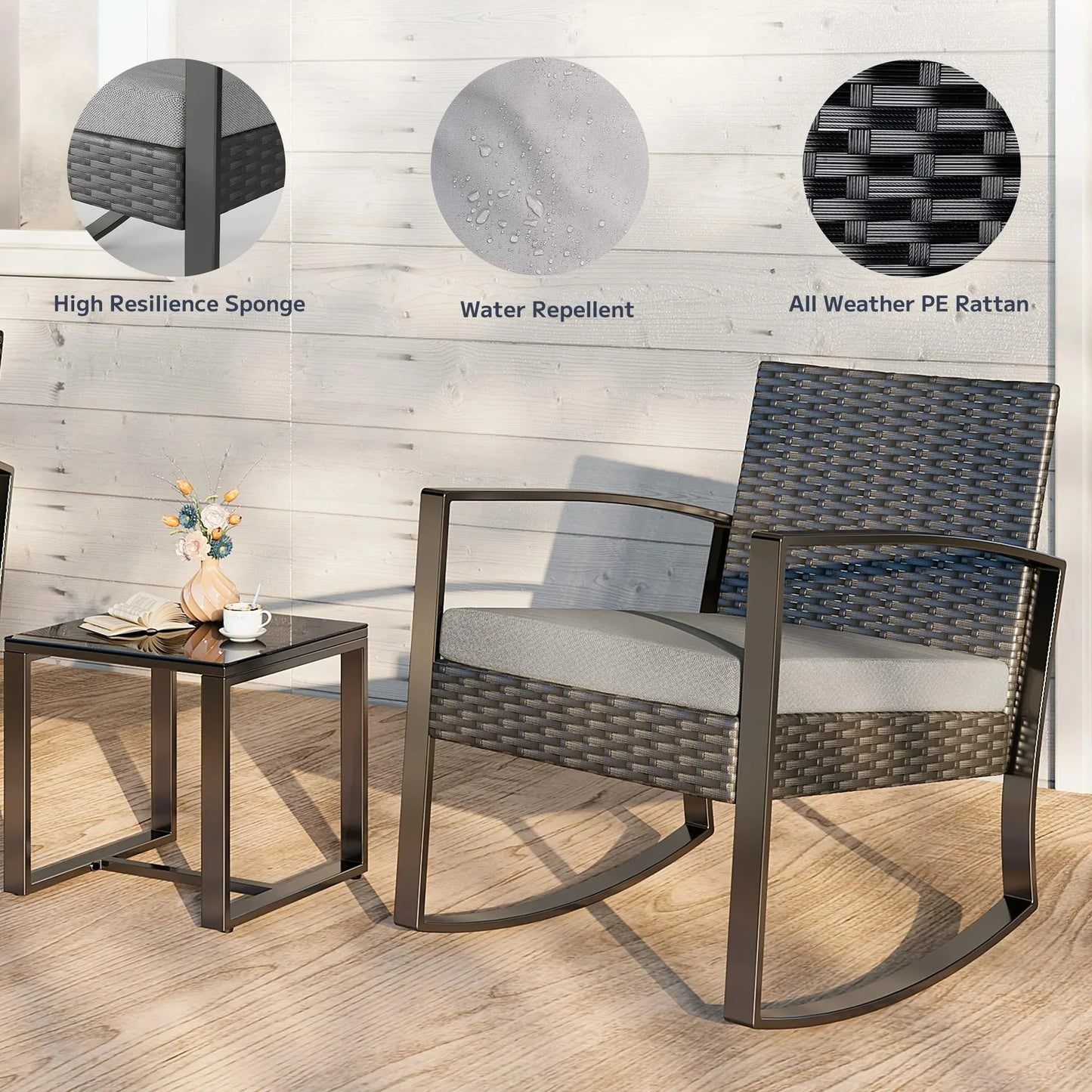 3-Piece Patio Furniture Set, Rocking Wicker Chair with Soft Cushion and Coffee Table, for Garden, Balcony, Backyard, Gray