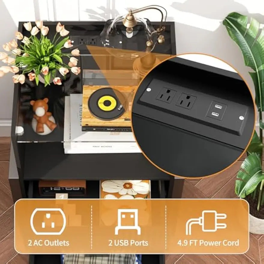 Fluted Nightstand with Strip Lights and Charging Station 24'' End Table with Charging Station Modern with 2 Drawers LED