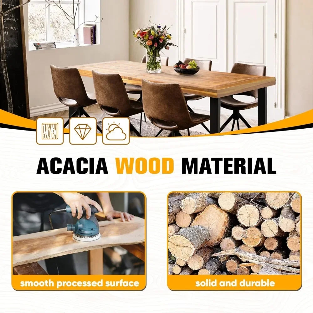 Dining Table for 6 Acacia Wood Indoor Outdoor Home Kitchen Table with Iron Legs Large Rectangular Patio Table for