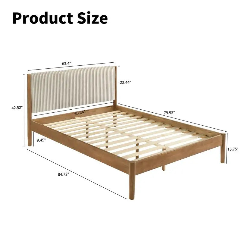5-Piece Rubberwood Bedroom Set with Upholstered Queen Bed, Dresser, Mirror, Nightstand, and Chest