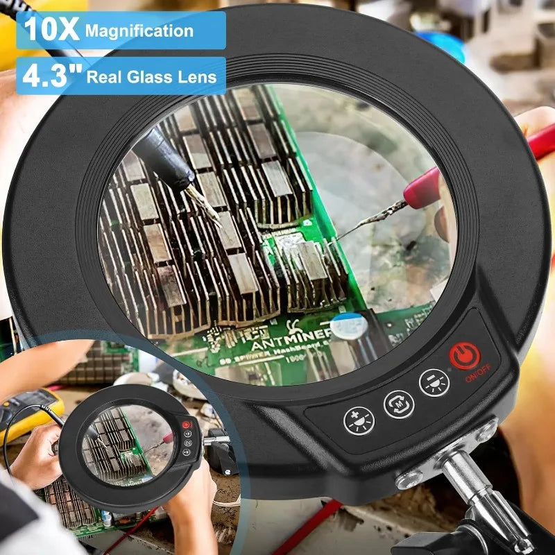 10X Magnifying Glass with Light and Clamp, Real Glass Stand Lighted Magnifier, 5 Color Modes Stepless Dimmable LED Desk Lamp Han