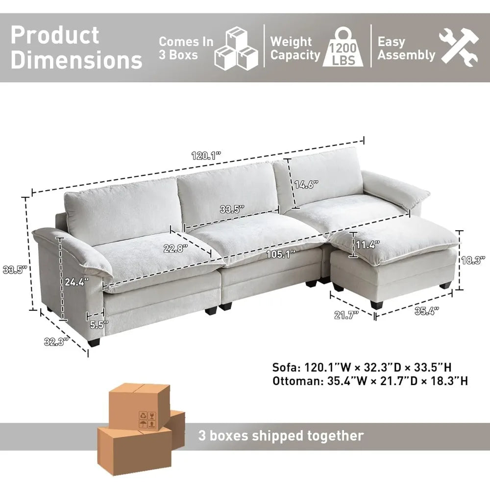 3 Seat Sectional Sofa, Couch with Movable Ottoman, Chenille Modular Sofa with Removable Pillows and Layer Cushions, Suitable fo