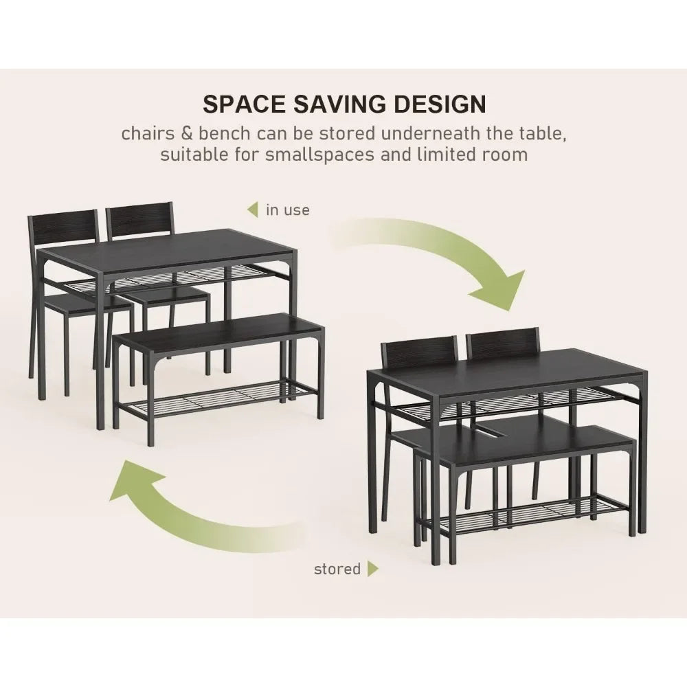 Kitchen Table and 2 Chairs for 4 with Bench, 4 Piece Dining Table Set for Small Space, Apartment