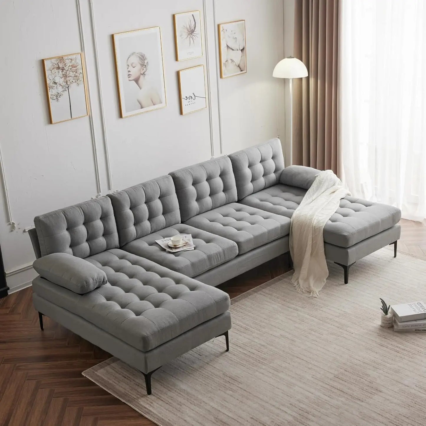 Sectional Sofa 110"U-Shape Sofa Couch Linen Fabric Upholstered Sectional Sofa with Double Chaises & Metal Legs,Lattice Decorated