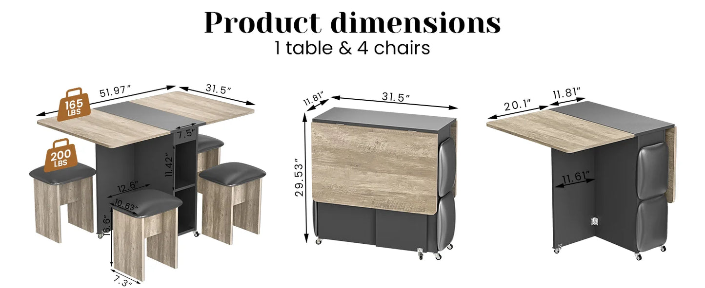 Folding Dining Table Set for 4, Dinner Table with 4 Leather Chairs and Shelves, Space Saving Foldable Dining Table with 6 Wheels