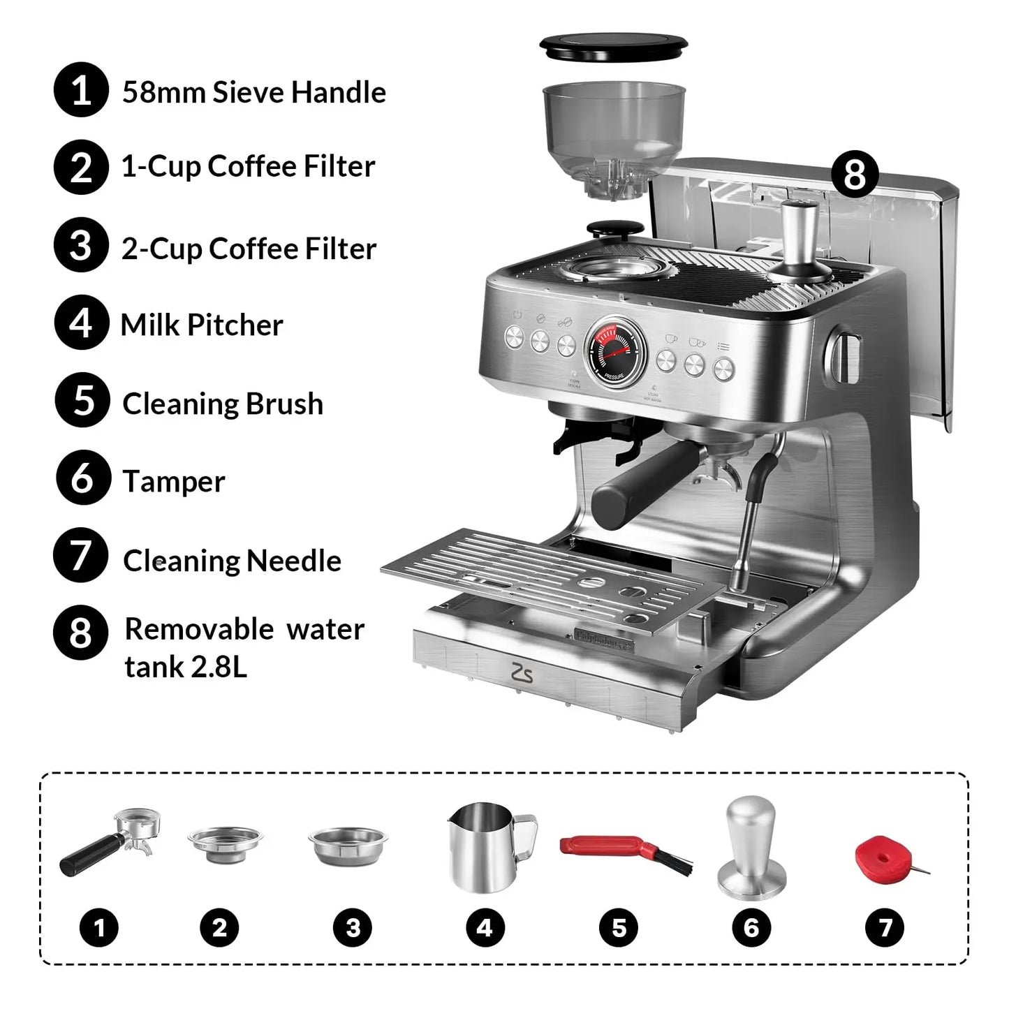 Espresso Coffee Maker With Grinder, 20 Bar Stainless Steel Professional Espresso Coffee Maker With Milk Frother, 2.8L Water Tank