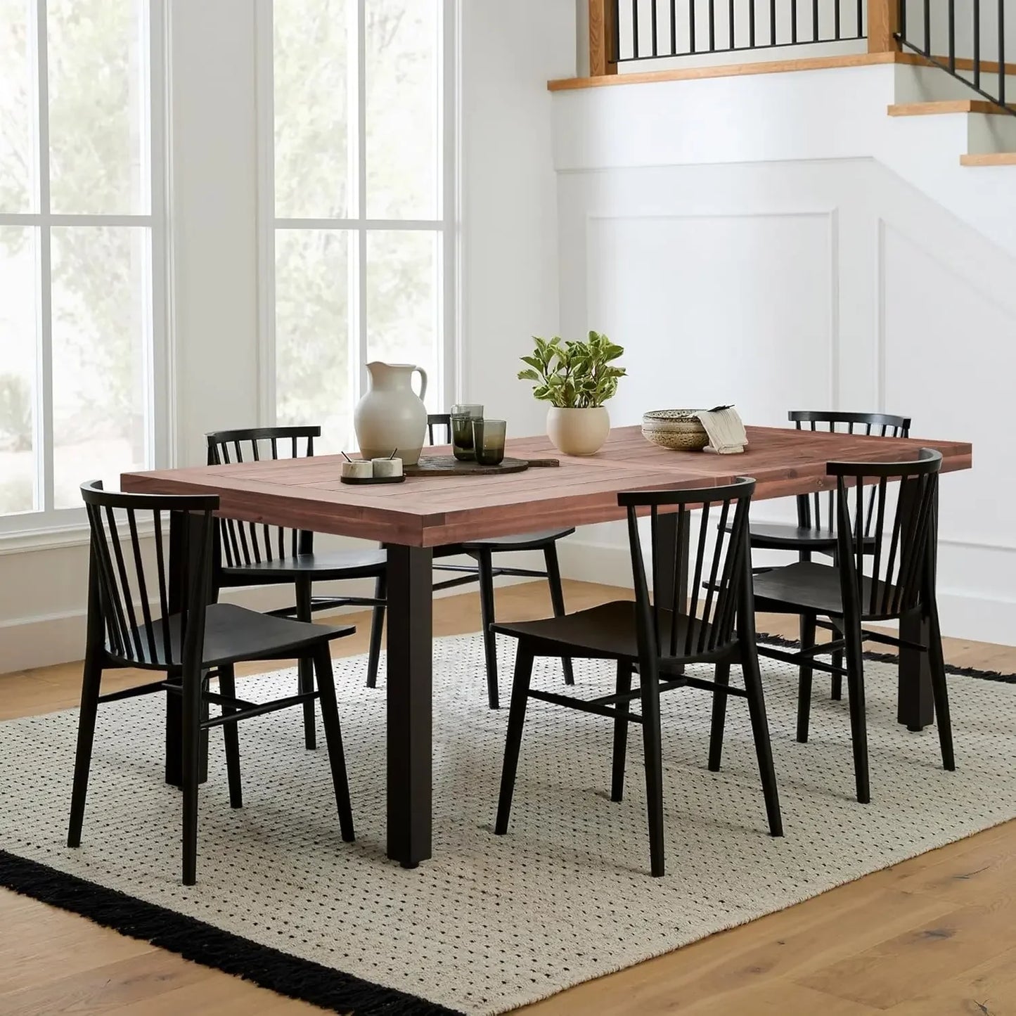 Dining Table for 6 Acacia Wood Indoor Outdoor Home Kitchen Table with Iron Legs Large Rectangular Patio Table for