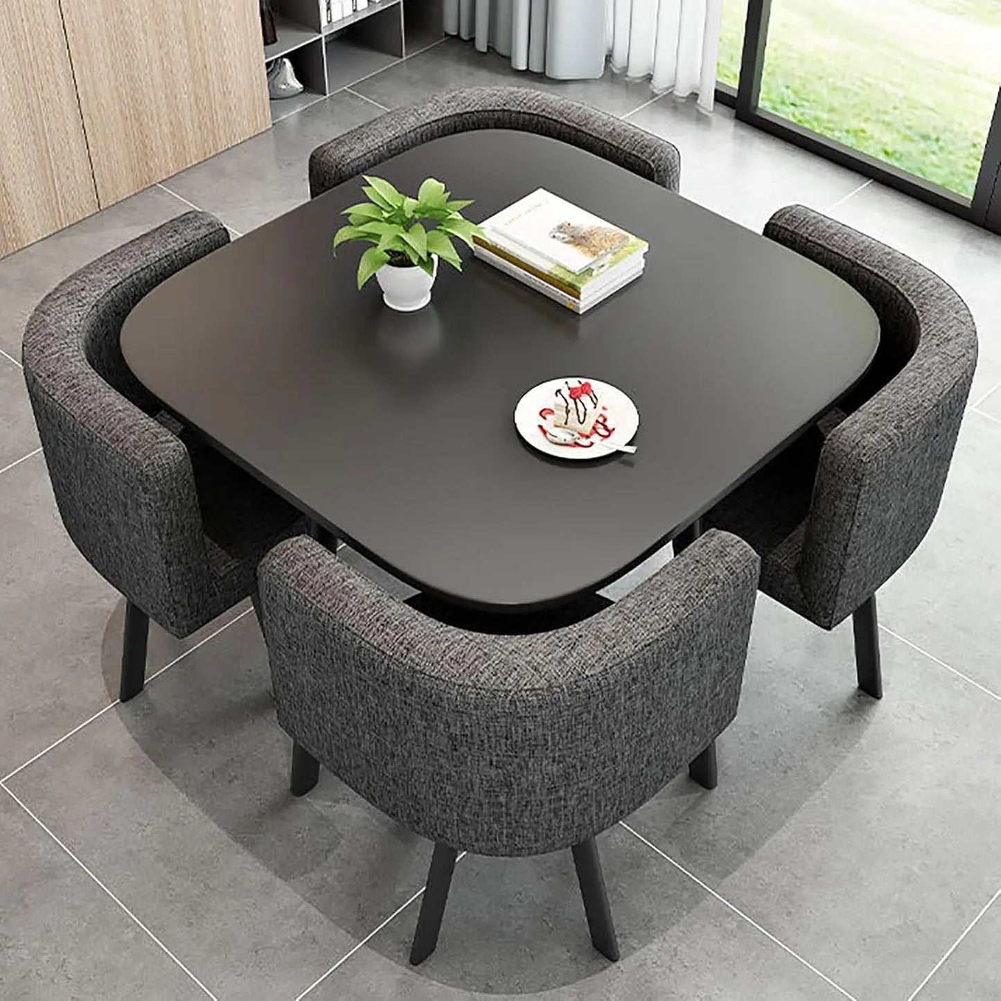 Square Dining Table Set With 4 Chairs - Modern Kitchen and Conference Table Combination for Space-Saving Breakfast, Reception,